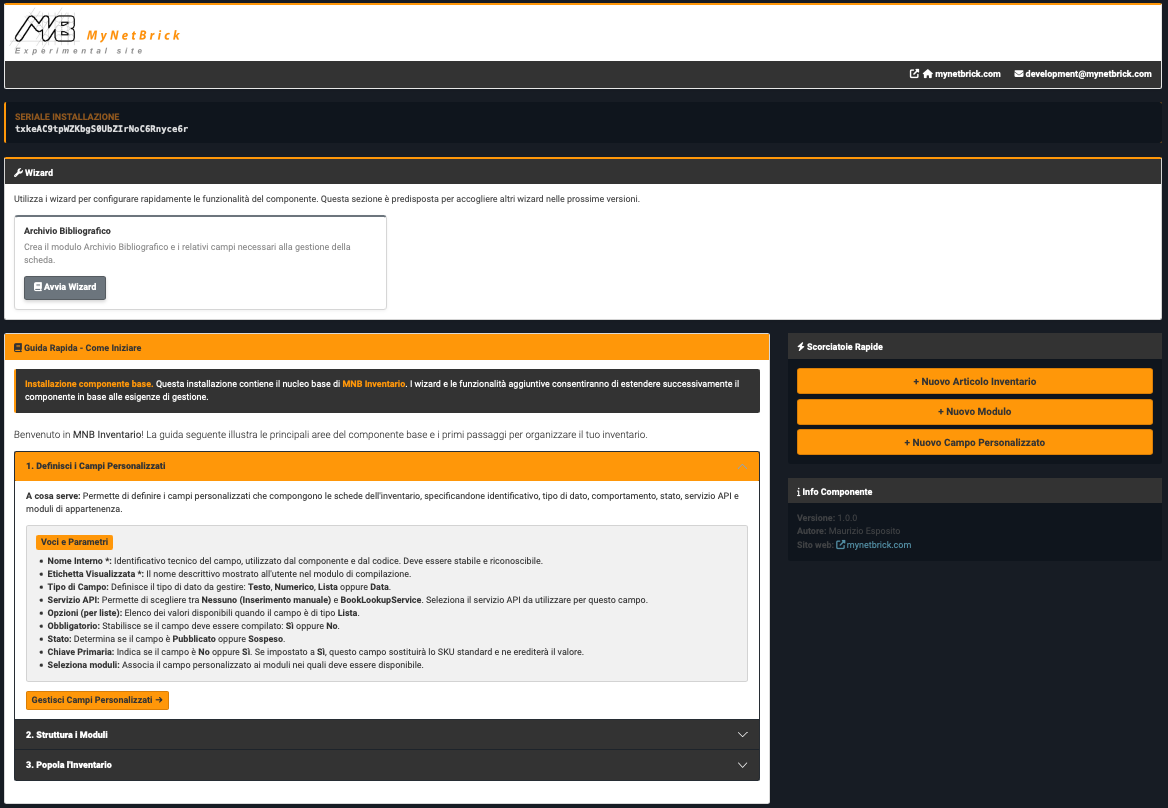 Panoramica generale del pannello di gestione MNB Inventario su Joomla 6