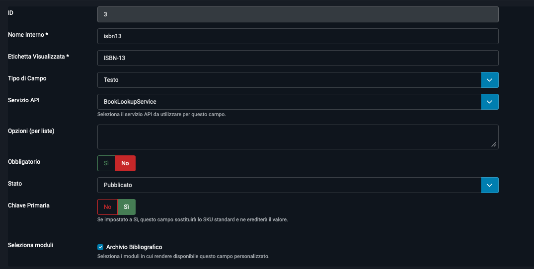 Schermata di configurazione dei campi personalizzati nel backend di MNB Inventario