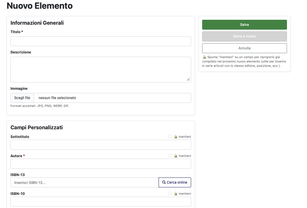 Form di inserimento articolo con opzione di blocco campo e ricerca online